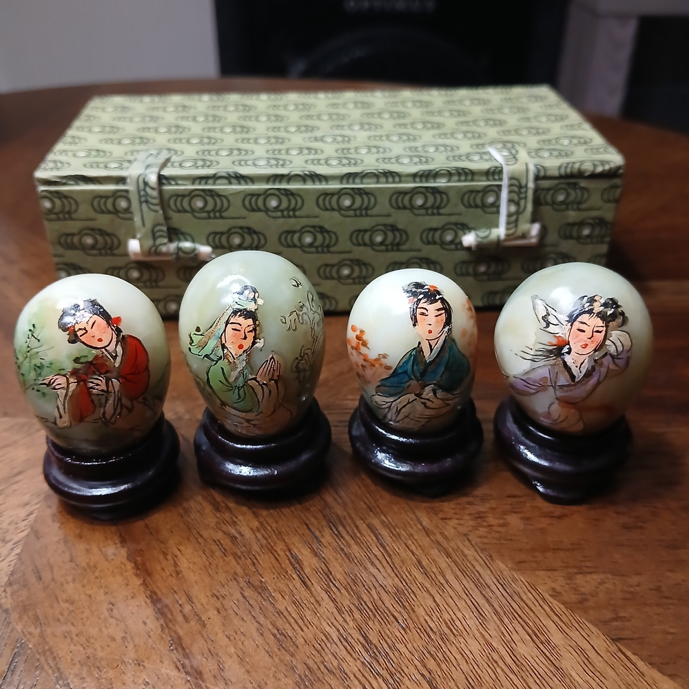 Hand-Painted Celadon Jadeite Decorative Eggs with Stand In Handmade Box